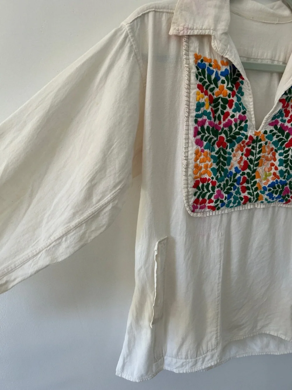 Vintage Embroidered Boho Pullover Top - Hippie Floral Bib and Wide Collar - Picture 3 of 16